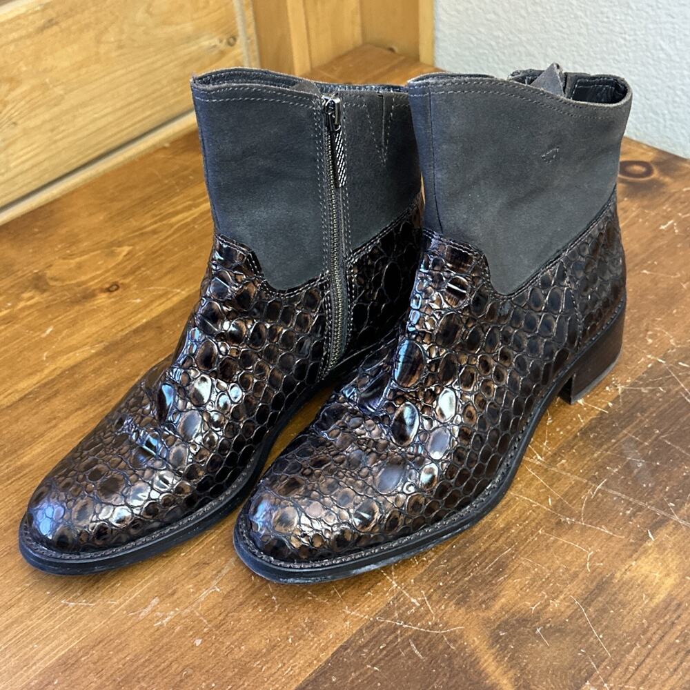 Women's Croc-Embossed Leather Ankle Boots in Dark Brown